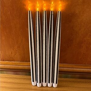 Set Of 5 Halloween LED Taper Candles Black & White Glitter Flameless Battery Op
